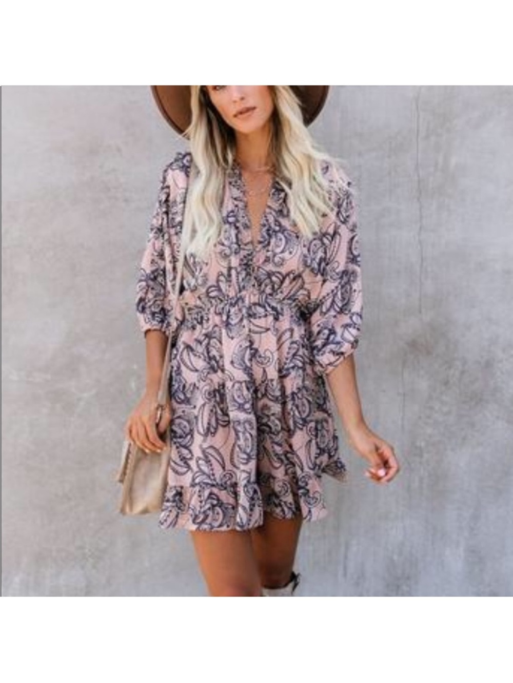 Vici Blush Pink Floral V-Neck Smocked Mini Dress